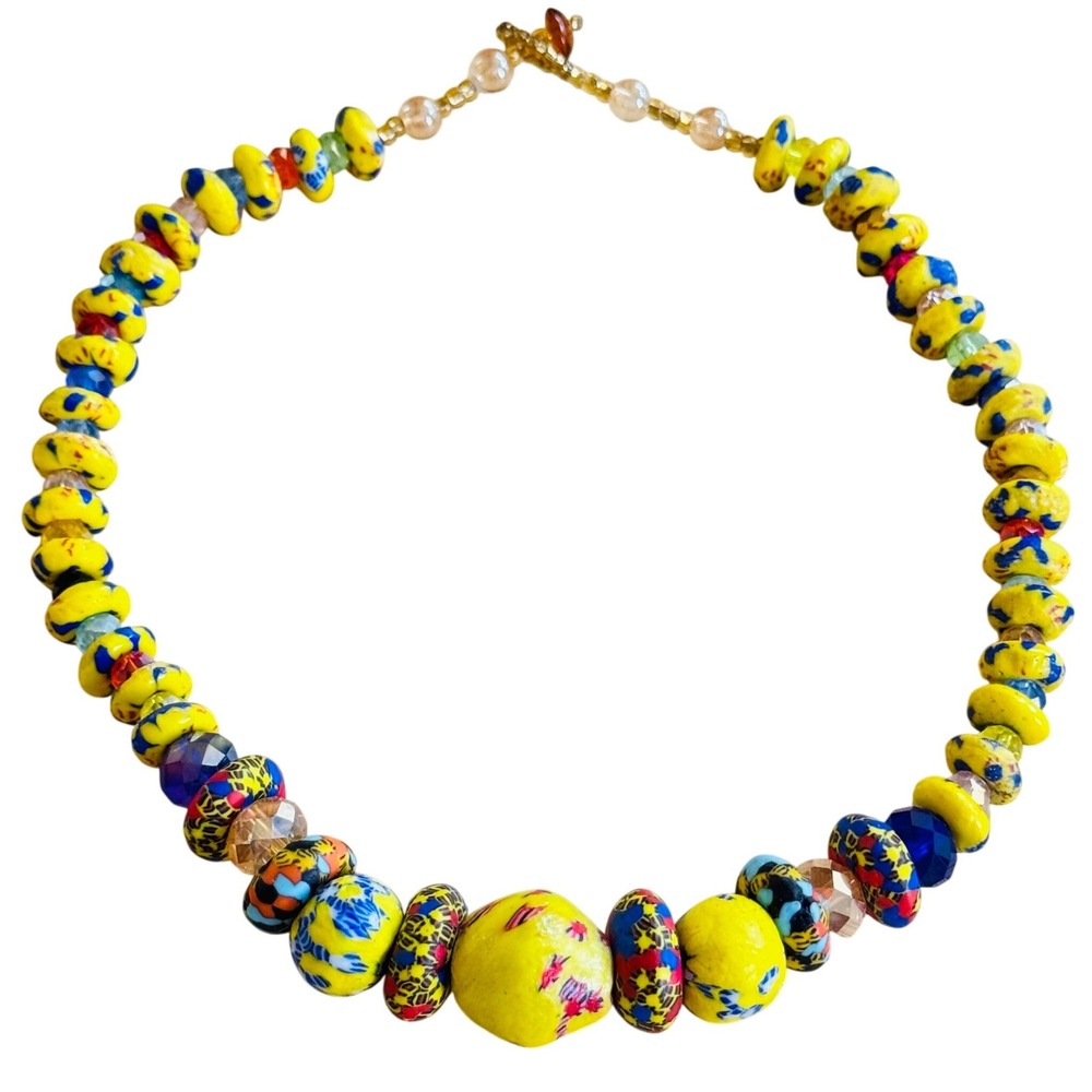Krobo Glass Necklace Ghana Yellow Colorful Crystal‎ Beads Statement Chunky Boho